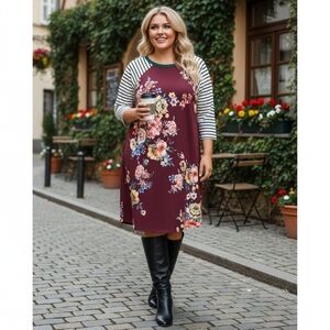 Emerald Green Stripe & Burgundy Floral Stretch Knit Mini Dress Size 3X